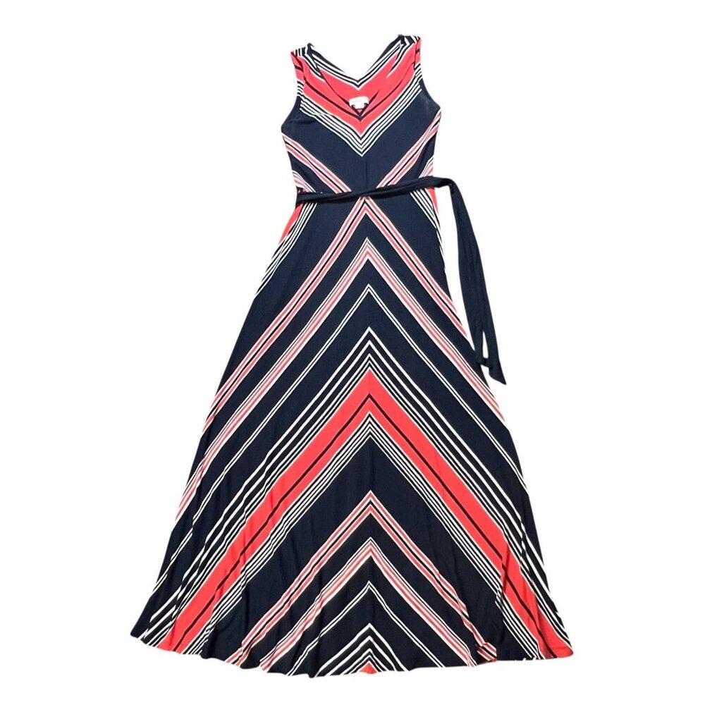 MONSOON Women Maxi Dress Size 6 Stretch Chevron Stripe Tie Waist Sleeveless